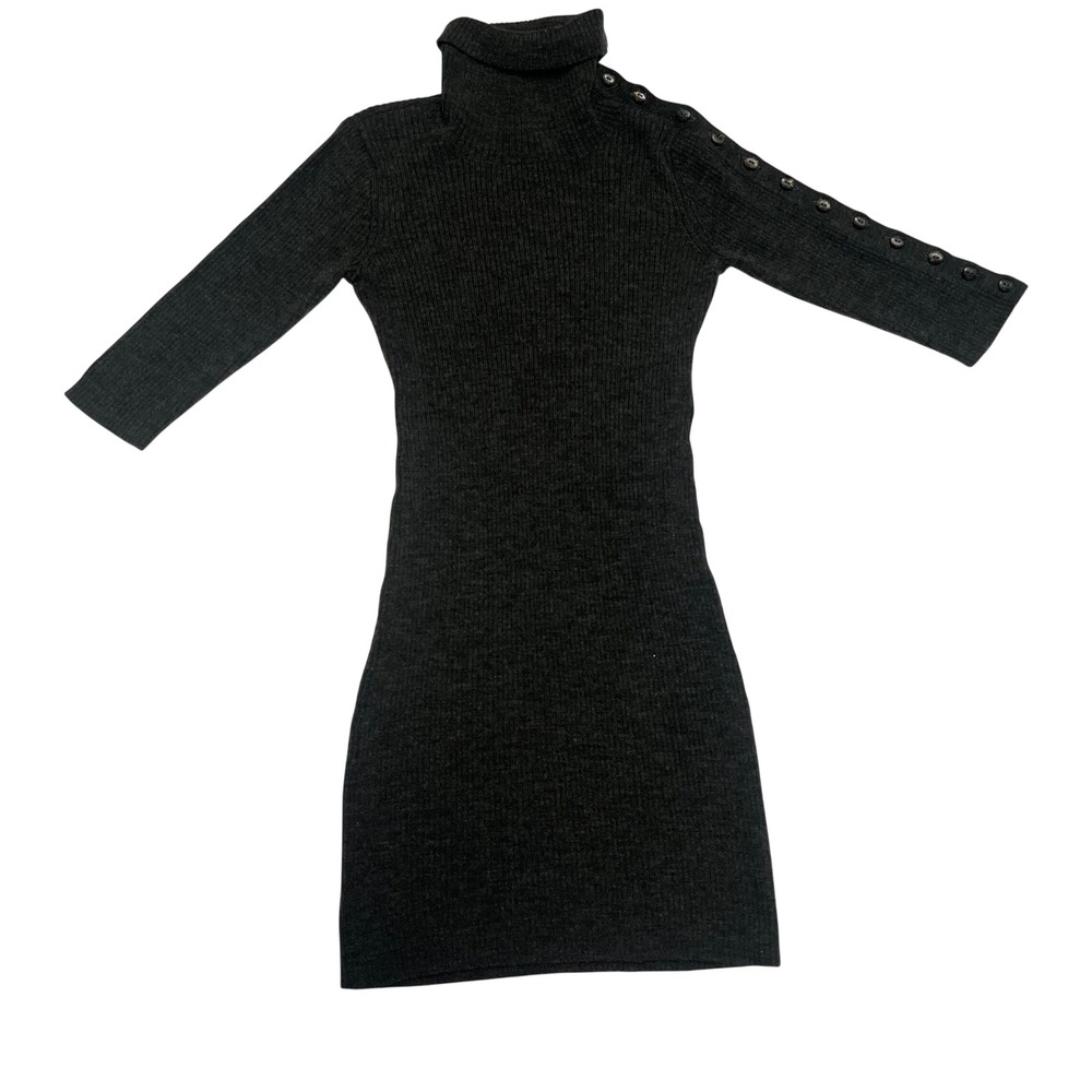 Cynthia Rowley Merino Wool Blend Ribbed Turtleneck Button Sleeve‎ Dress Gray S
